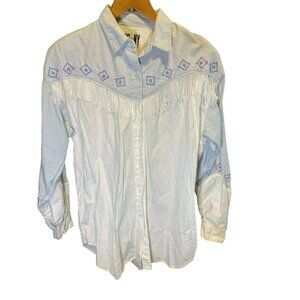Vintage 80s 90 HGNY Western Fringe Southwest Detail Long Sleeve Button Down Top